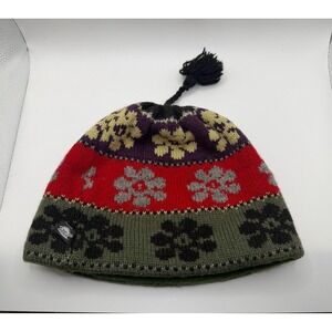 Vintage 90's Turtle Fur Floral Color Block Wool Tassel Pom Adult Snow Beanie USA